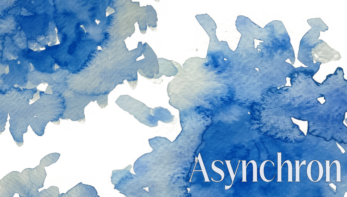 Button um zur Webseite der asynchronen hybriden Lehre zu gelangen. Schriftzug "Synchron" auf blauem Hintergrund in Aquarelloptik.